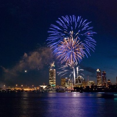Fireworks display with Milwaukee skyline